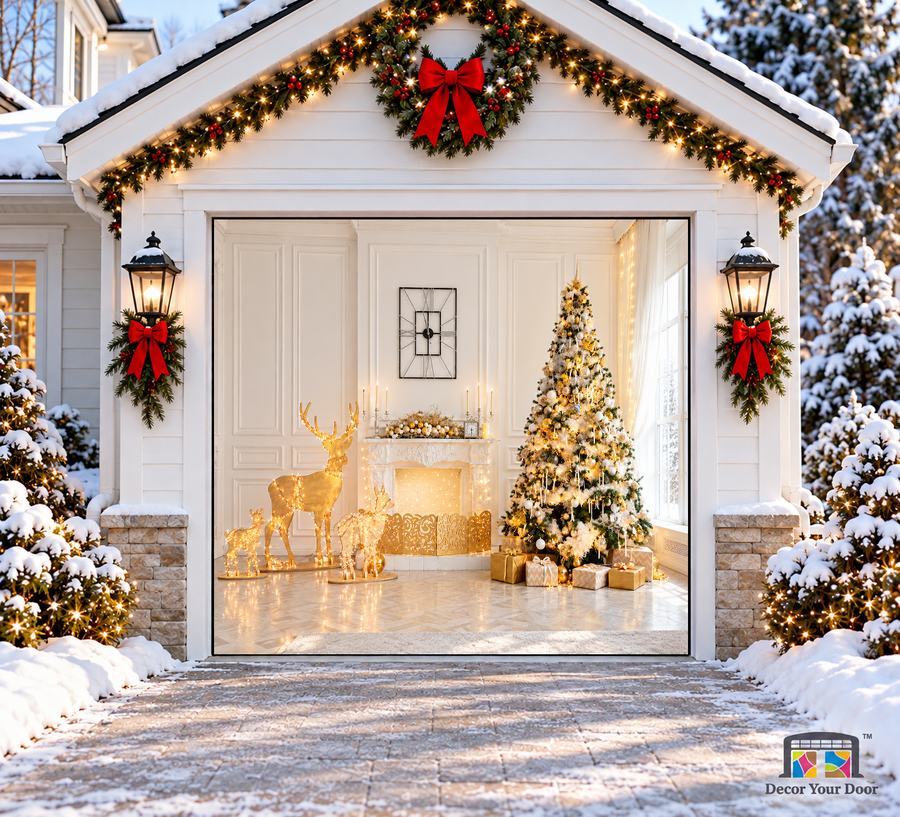 Golden deer and a Christmas tree in an elegant holiday room — one-car garage door cover, front view.