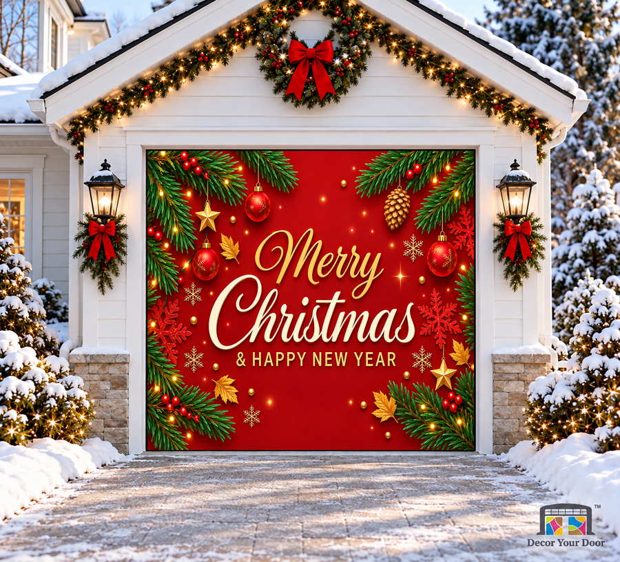 Merry Christmas lettering framed by evergreen and gold accents — one-car garage door cover, front view.