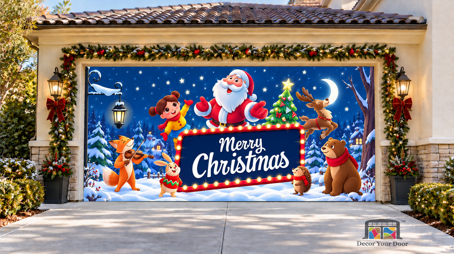 Santa and woodland friends gathered in a snowy Christmas scene — two-car garage door cover, front view.