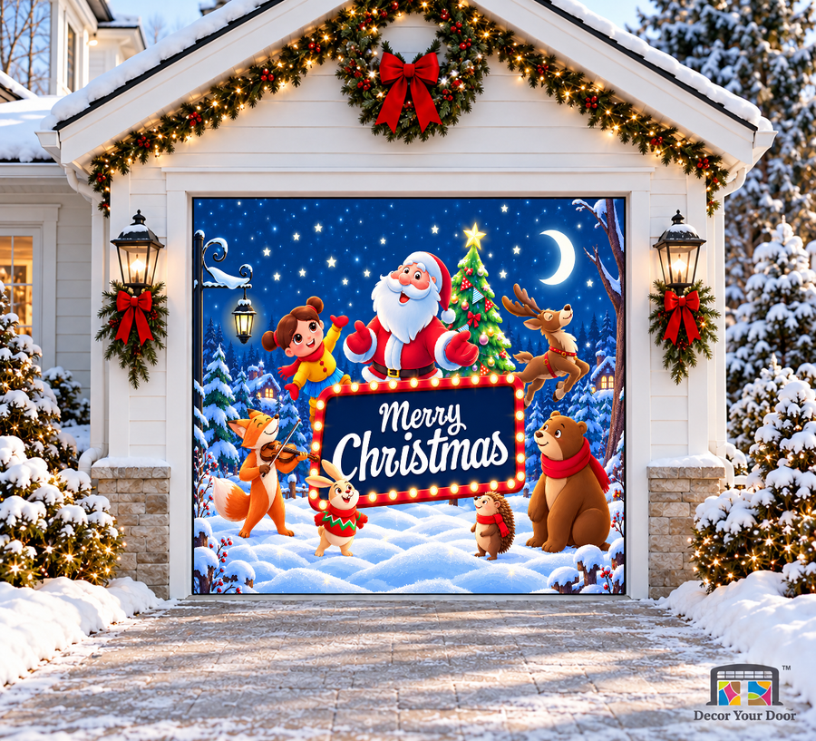 Santa and woodland friends gathered in a snowy Christmas scene — one-car garage door cover, front view.