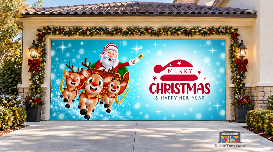 Santa with a bell, sleigh and three reindeer against blue stars — two-car garage door cover, front view.