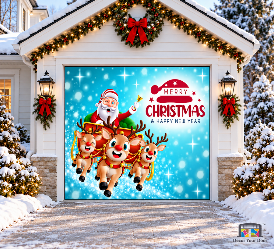 Santa with a bell, sleigh and three reindeer against blue stars — one-car garage door cover, front view.