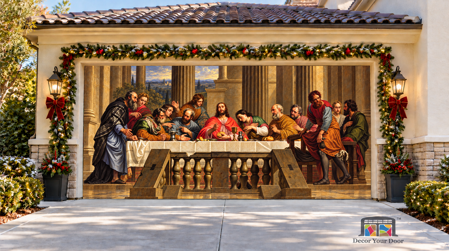 The Last Supper with thirteen figures, columns and a long table — two-car garage door cover, front view.