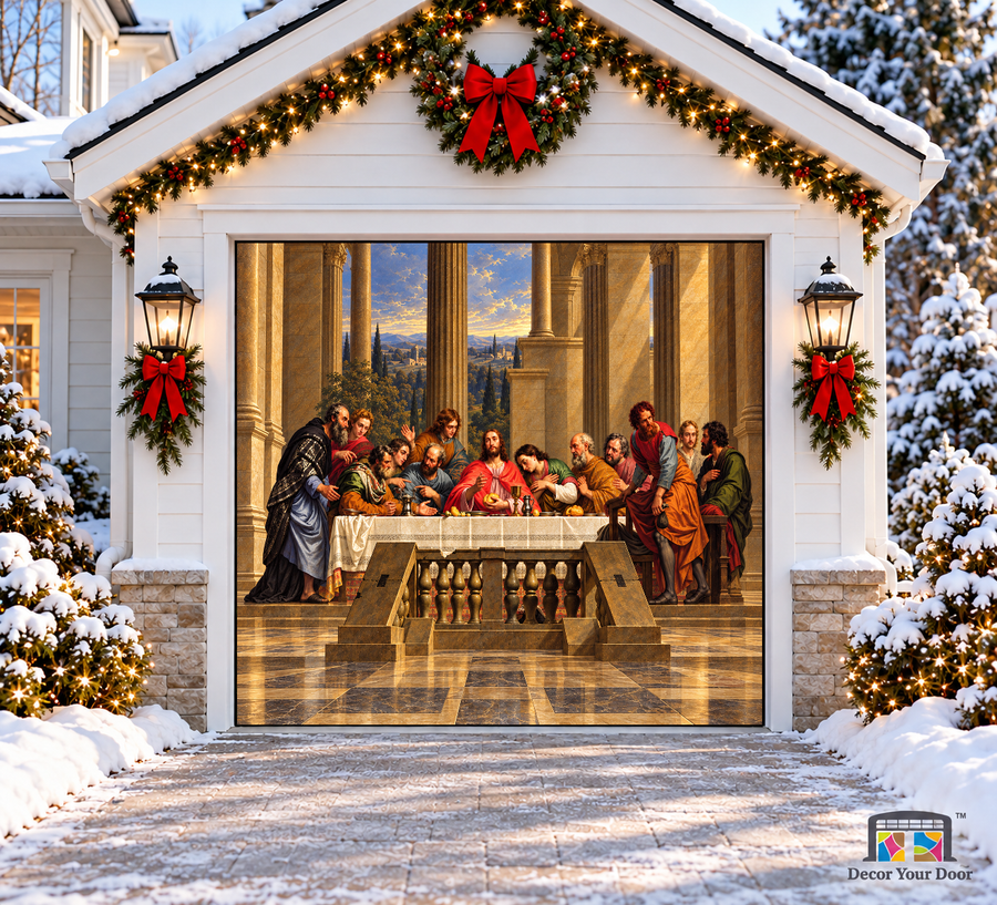 The Last Supper with thirteen figures, columns and a long table — one-car garage door cover, front view.
