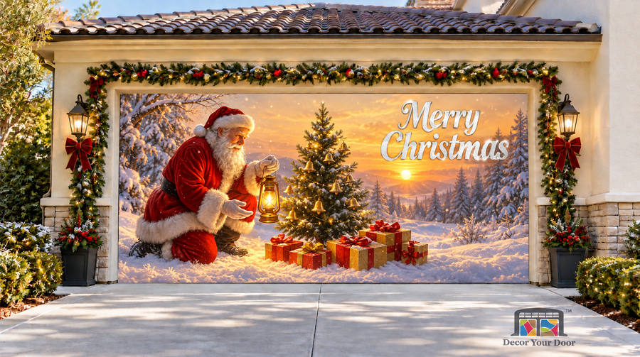 Santa kneeling with a lantern beside a bell-decorated tree — two-car garage door cover, front view.