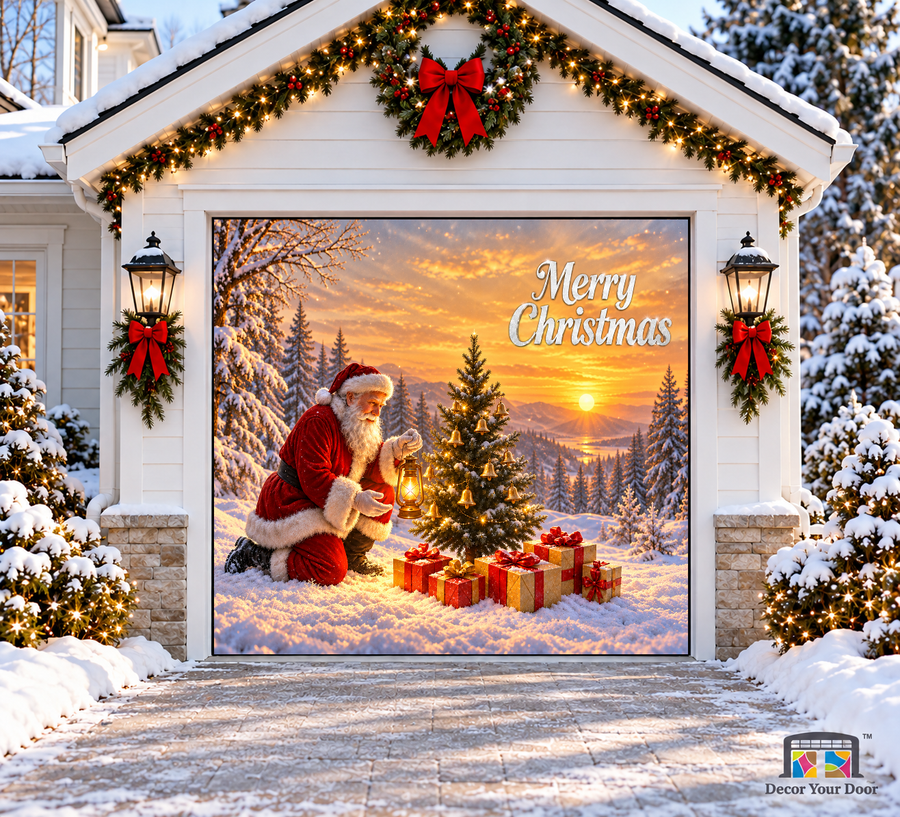 Santa kneeling with a lantern beside a bell-decorated tree — one-car garage door cover, front view.