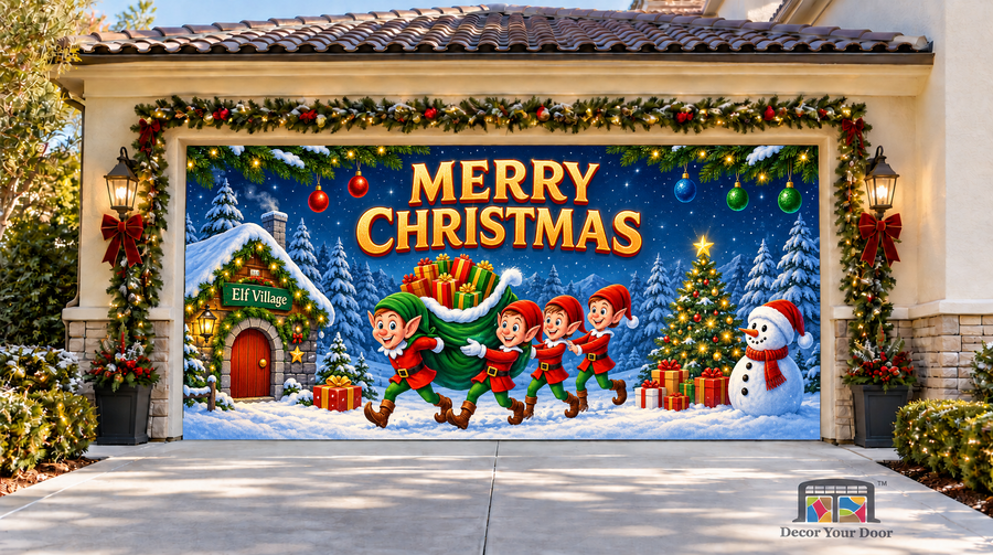 Four elves, an Elf Village hut and a snowman in the snow — two-car garage door cover, front view.
