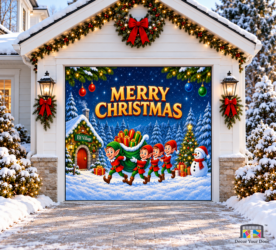 Four elves, an Elf Village hut and a snowman in the snow — one-car garage door cover, front view.