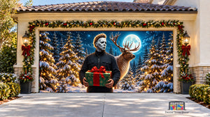 Decoración navideña para puerta de garaje con Michael Myers sosteniendo un regalo
