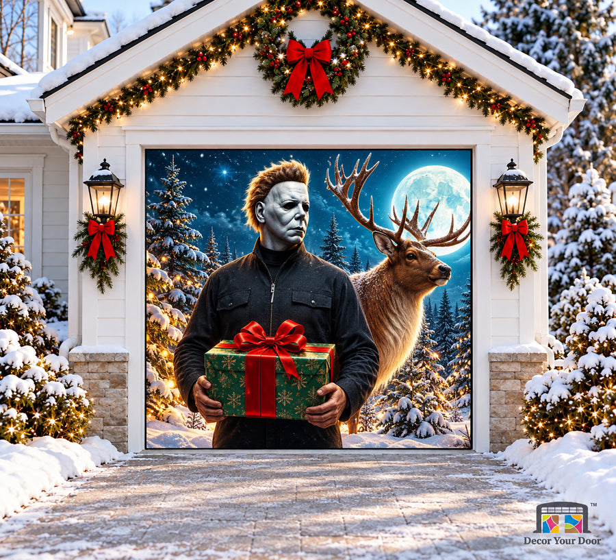 Michael Myers Holding a Gift Christmas Garage Door Cover — one-car front view