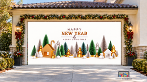 ¡Feliz Año Nuevo! Árboles de Navidad, exuberantes, verdes y plateados, funda para puerta de garaje, pancarta navideña