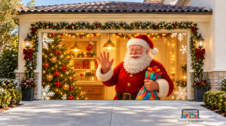 Realistic waving Santa with a colorful sack beside a Christmas tree — two-car garage door cover, front view.