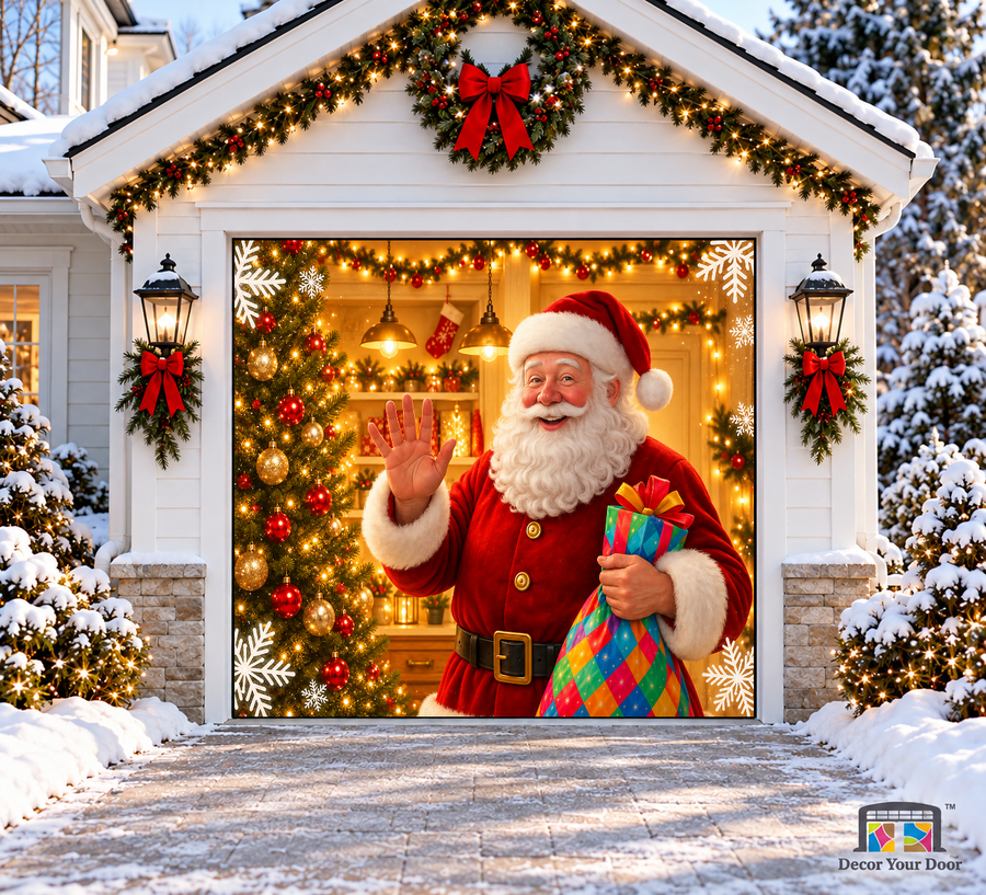 Realistic waving Santa with a colorful sack beside a Christmas tree — one-car garage door cover, front view.