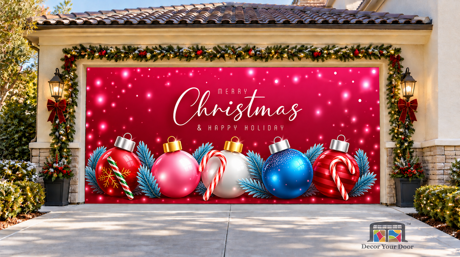 Colorful ornaments, candy canes and white Christmas lettering — two-car garage door cover, front view.