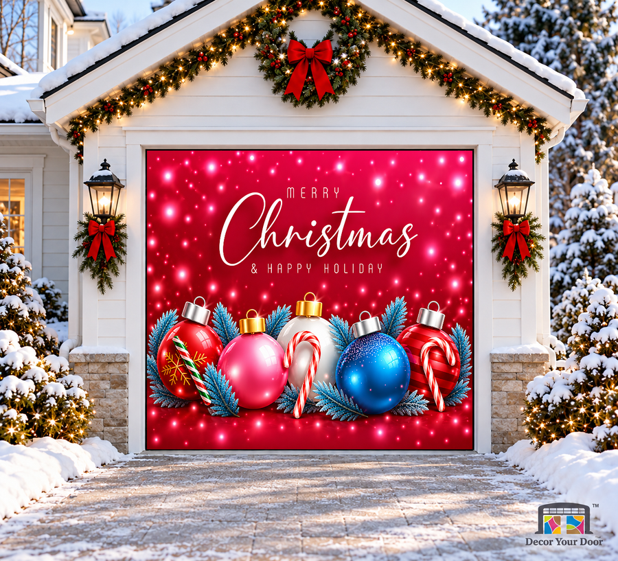 Colorful ornaments, candy canes and white Christmas lettering — one-car garage door cover, front view.