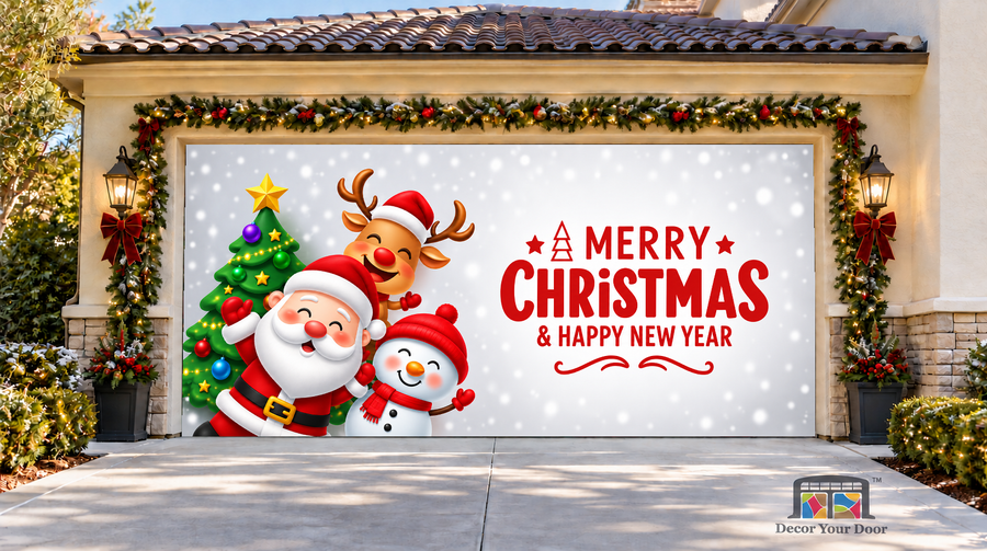 Santa, a snowman and a reindeer beside a star-topped tree — two-car garage door cover, front view.