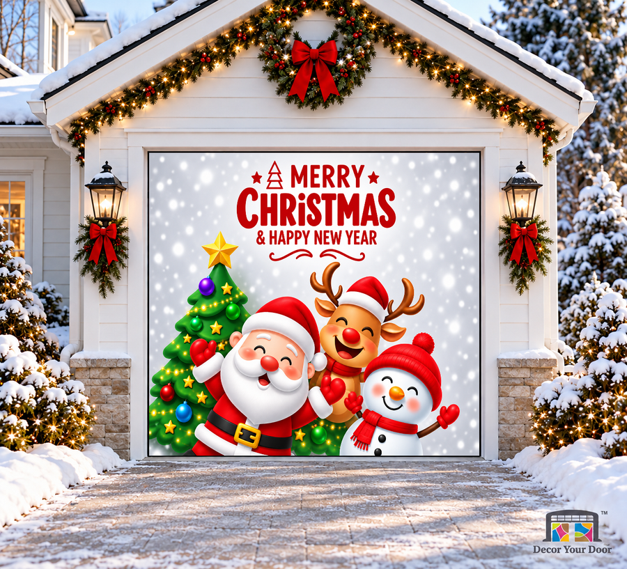 Santa, a snowman and a reindeer beside a star-topped tree — one-car garage door cover, front view.