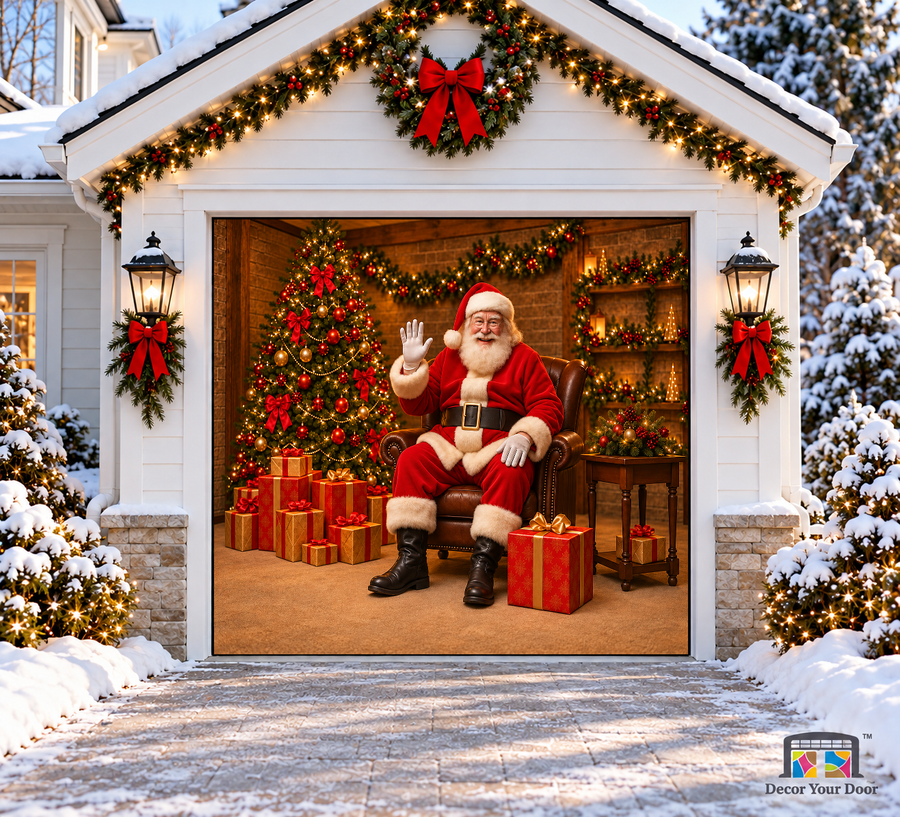 Seated waving Santa in a cozy Christmas room with wrapped gifts — one-car garage door cover, front view.