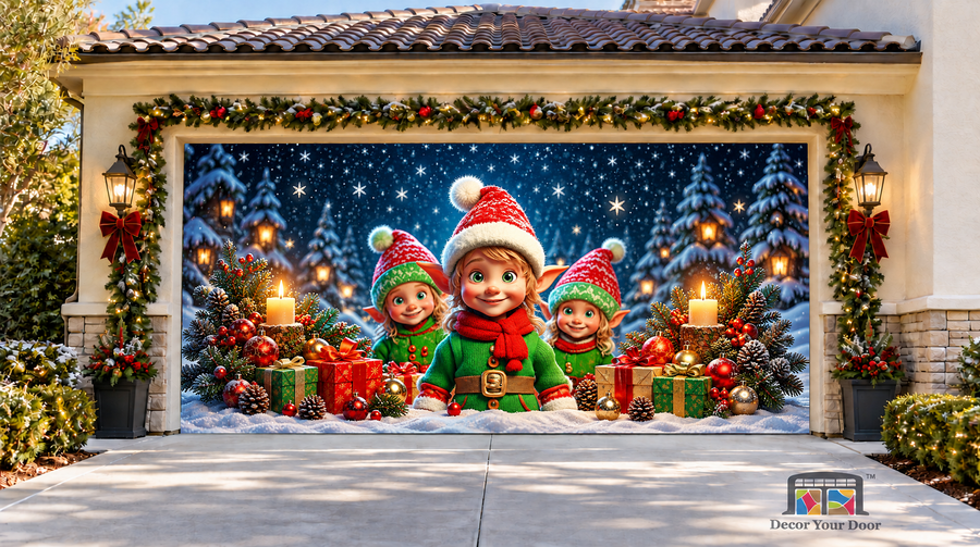 Three cheerful elves with candles and gifts in a snowy setting — two-car garage door cover, front view.