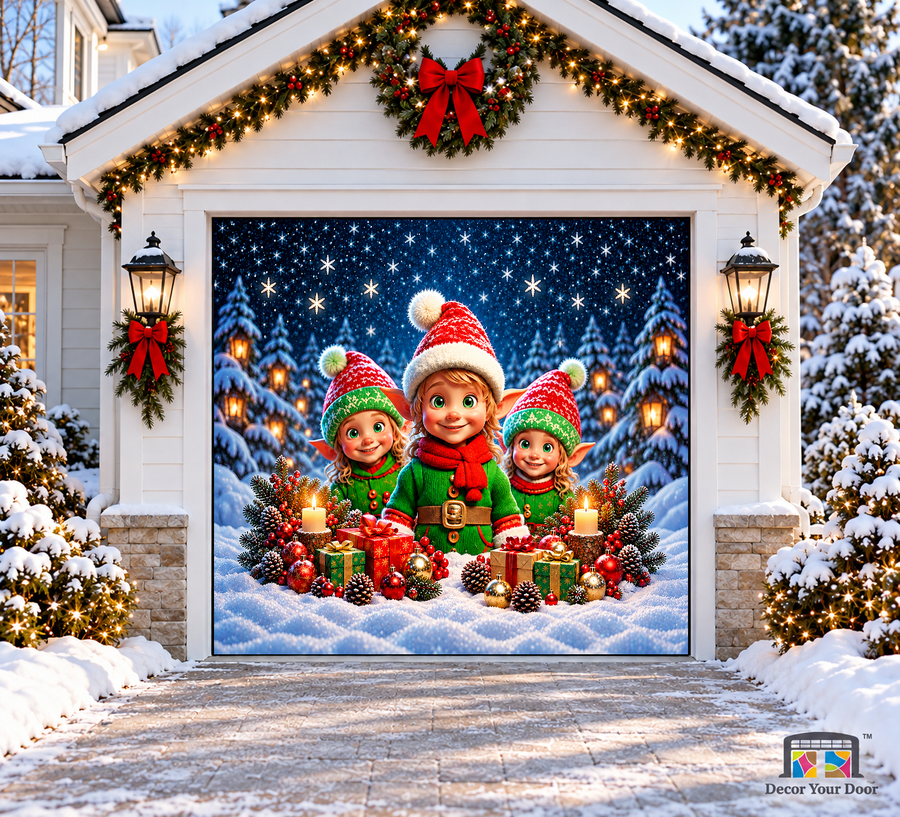 Three cheerful elves with candles and gifts in a snowy setting — one-car garage door cover, front view.