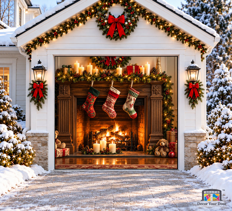 Christmas Fireplace Garage Door Cover — one-car front view