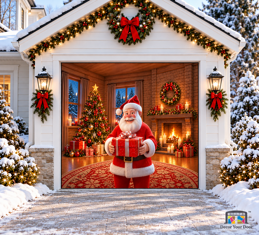 Santa holding a red gift beside a Christmas tree and fireplace — one-car garage door cover, front view.
