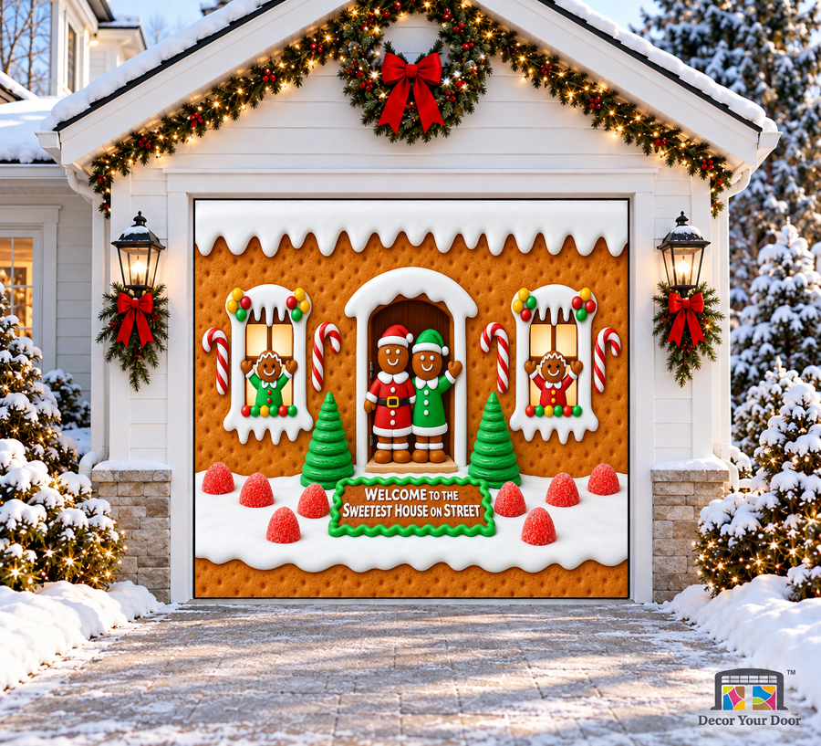 Four gingerbread figures and a Sweetest House on Street sign — one-car garage door cover, front view.