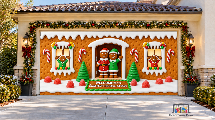 Four gingerbread figures and a Sweetest House on Street sign — two-car garage door cover, front view.