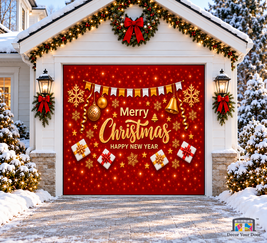 Gold Christmas lettering, ornaments, a bell and gifts on red — one-car garage door cover, front view.