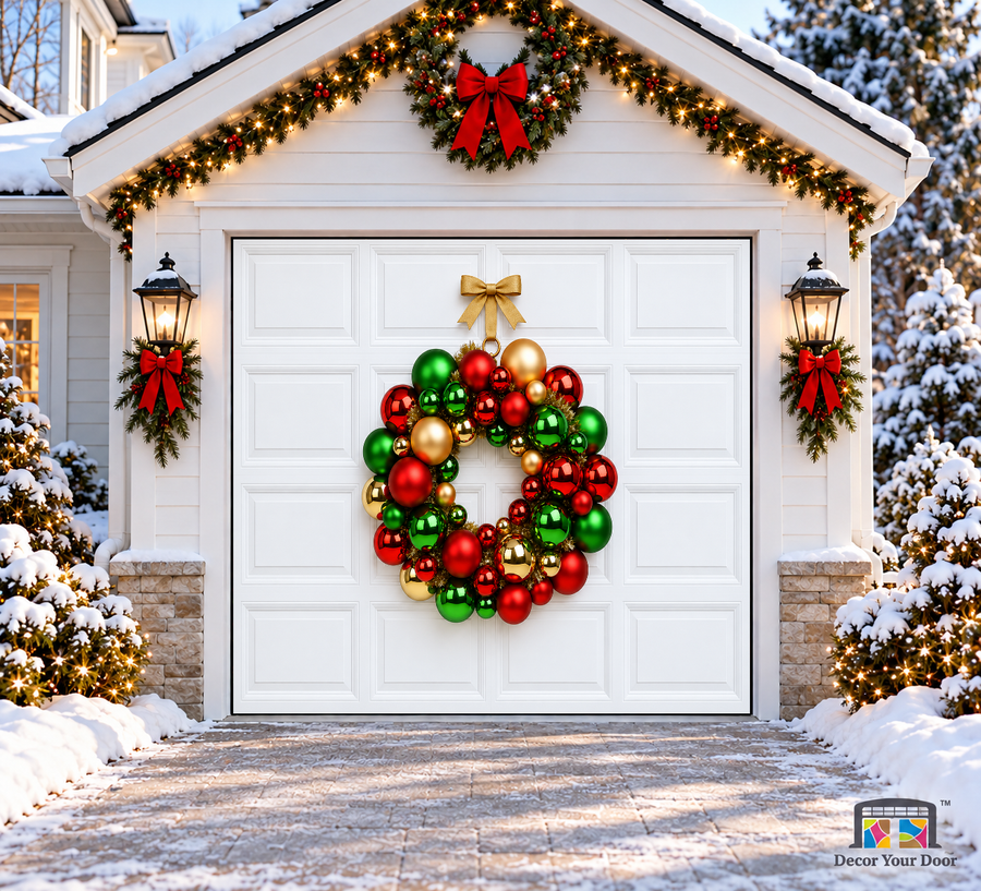 A red, green and gold ornament wreath on illustrated white panels — one-car garage door cover, front view.