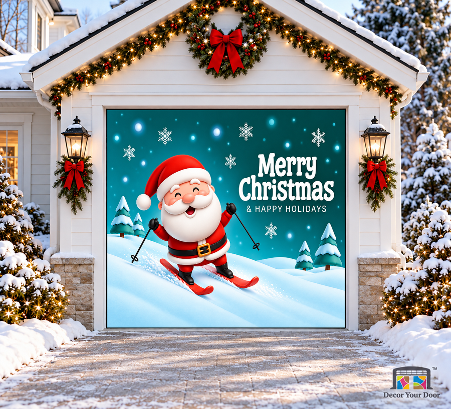 Skiing Santa with poles, snowy trees and a Christmas greeting — one-car garage door cover, front view.