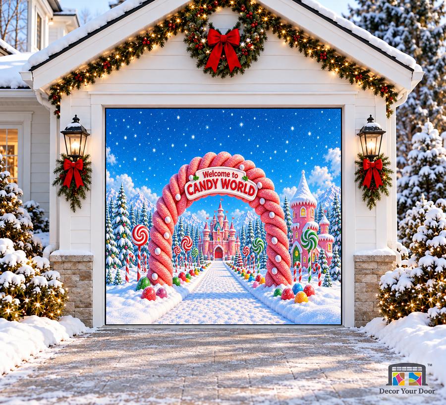Welcome to Candy World arch, castle, lollipops and gumdrops — one-car garage door cover, front view.