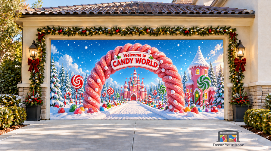 Welcome to Candy World arch, castle, lollipops and gumdrops — two-car garage door cover, front view.