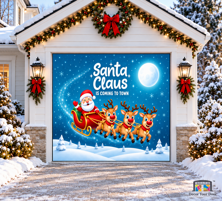 Santa and three flying reindeer with Coming to Town lettering — one-car garage door cover, front view.