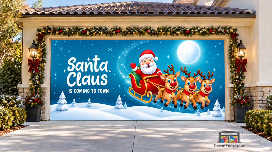 Santa and three flying reindeer with Coming to Town lettering — two-car garage door cover, front view.