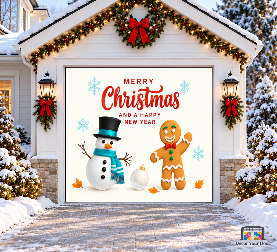 A snowman and gingerbread friend with a Christmas greeting — one-car garage door cover, front view.