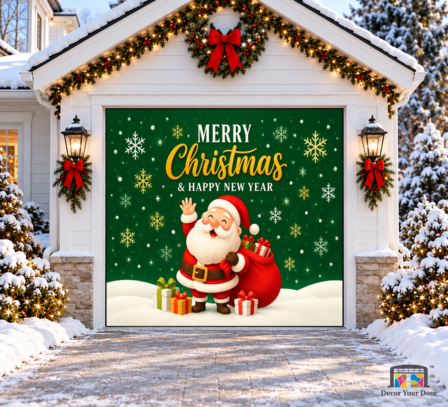 Waving Santa with a gift sack on a green snowflake background — one-car garage door cover, front view.