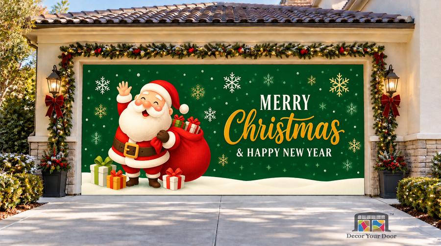 Waving Santa with a gift sack on a green snowflake background — two-car garage door cover, front view.