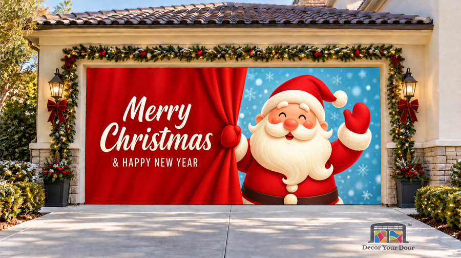 Santa pulling a red curtain beside a Christmas and New Year greeting — two-car garage door cover, front view.