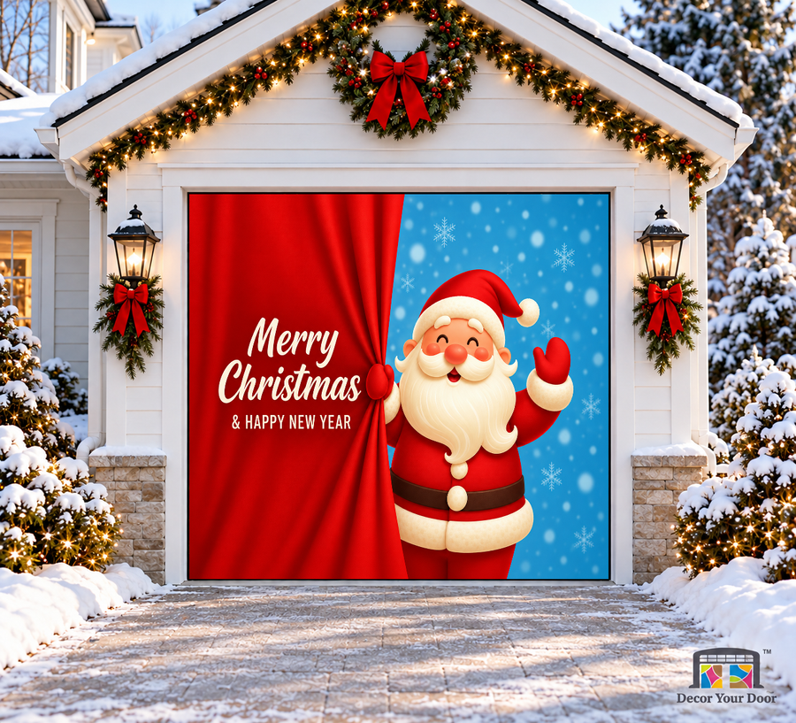 Santa pulling a red curtain beside a Christmas and New Year greeting — one-car garage door cover, front view.