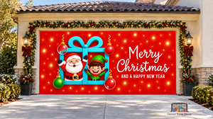 Santa and Elf in a Gift Box Christmas Garage Door Cover