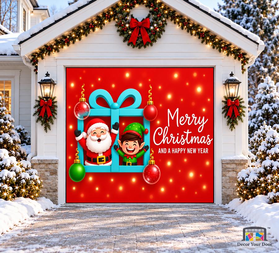 Santa and an elf popping from a turquoise gift box on red — one-car garage door cover, front view.