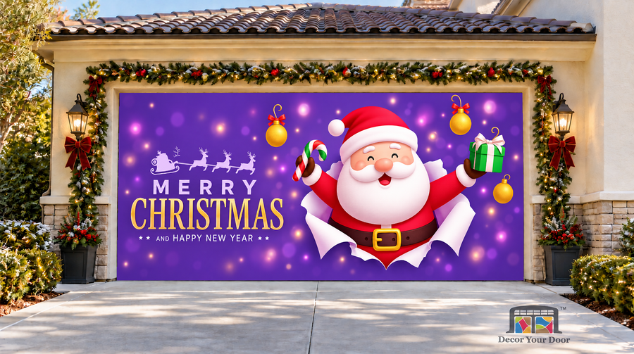 Santa with a candy cane and green gift on a purple background — two-car garage door cover, front view.