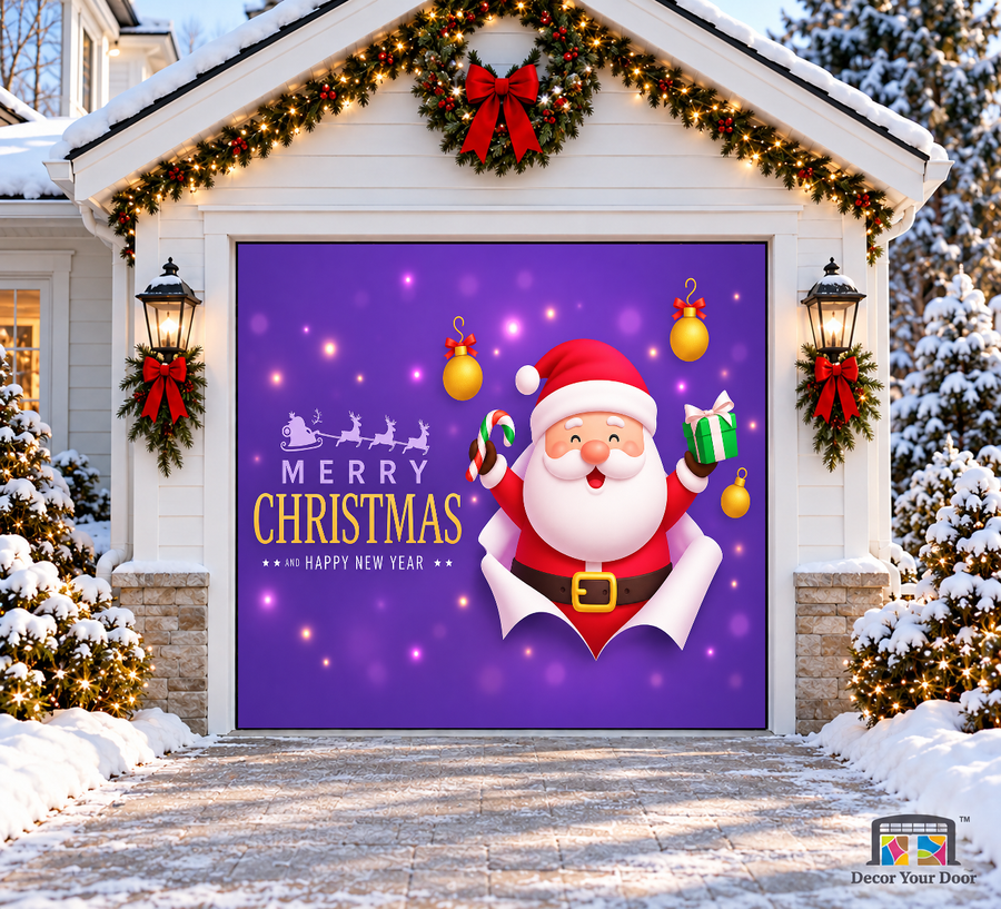 Santa with a candy cane and green gift on a purple background — one-car garage door cover, front view.