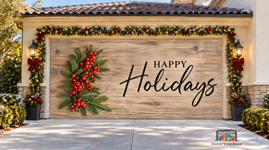 Happy Holidays lettering with evergreen and berries on wood grain — two-car garage door cover, front view.