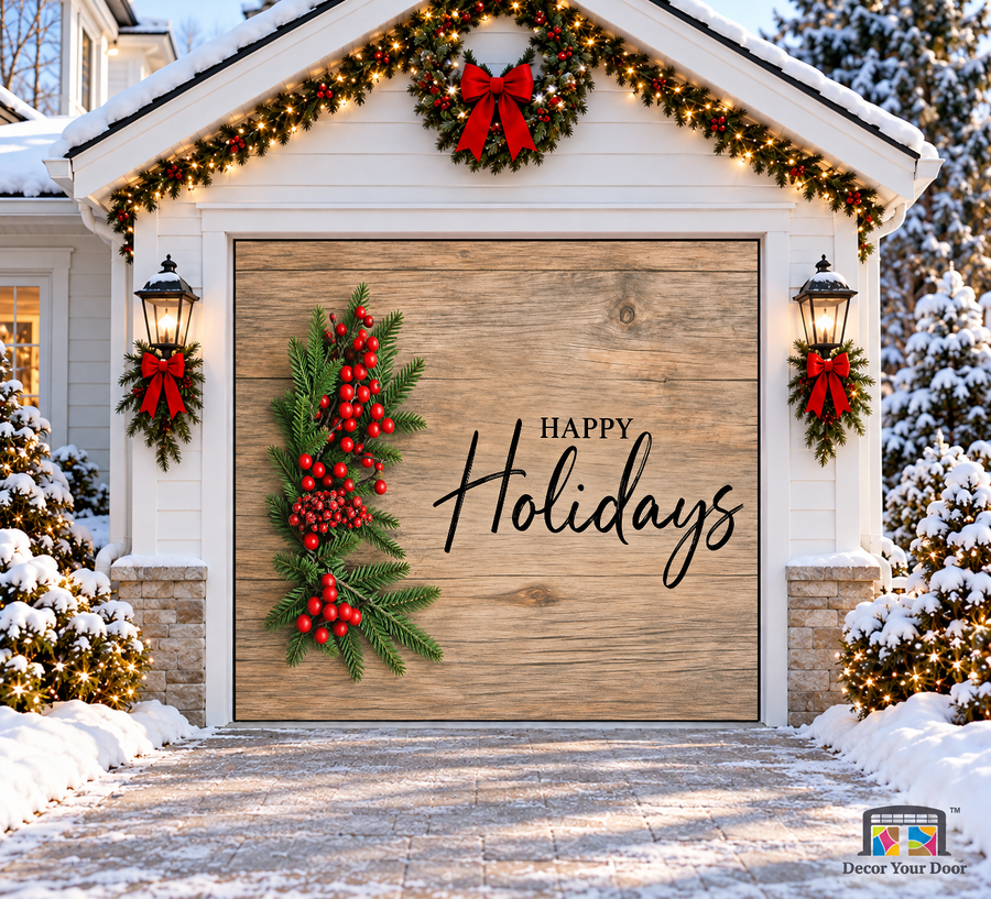 Happy Holidays lettering with evergreen and berries on wood grain — one-car garage door cover, front view.