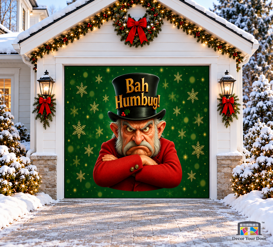 A grumpy man with crossed arms and a Bah Humbug hat — one-car garage door cover, front view.