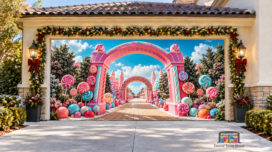 A pink candy gateway, lollipops and a path toward a distant town — two-car garage door cover, front view.