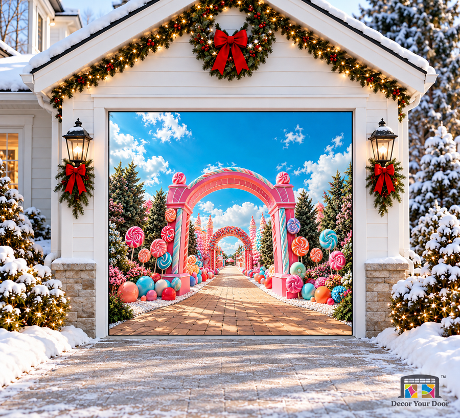 A pink candy gateway, lollipops and a path toward a distant town — one-car garage door cover, front view.