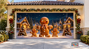 Three Smiling Gingerbread Figures Christmas Garage Door Cover